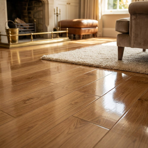 8mm High Gloss Laminate Flooring - Oak Aviva Fawn Finish - detail view