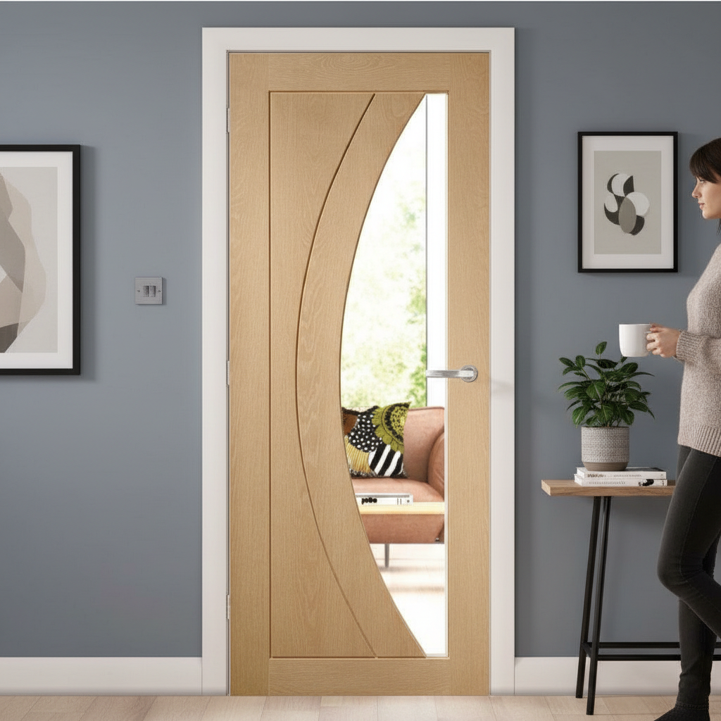 Premium Oak Internal Door with Clear Glass, Unfinished for Customization - Engineered Strength and Deep U-Groove Design