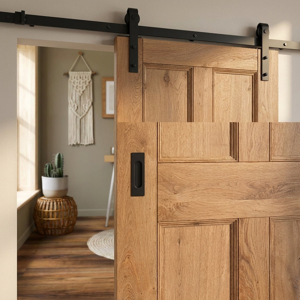 Fully Finished Internal Victorian 4 Panel Sliding Oak Door - Rustic - detail view
