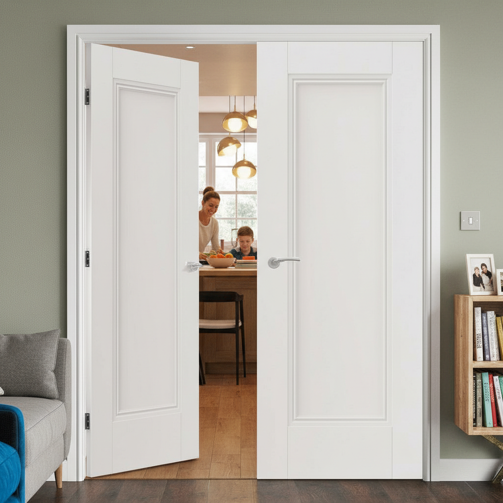 Premium Internal Door Pair with Decorative Mouldings - Solid Core Construction, Sleek White Finish, and Classic Panel Design