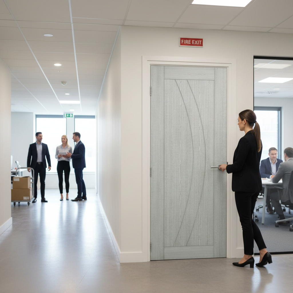 Premium Light Grey Ash Fire Door with Solid Core and 30-Minute Fire Rating, Custom Sizes Available