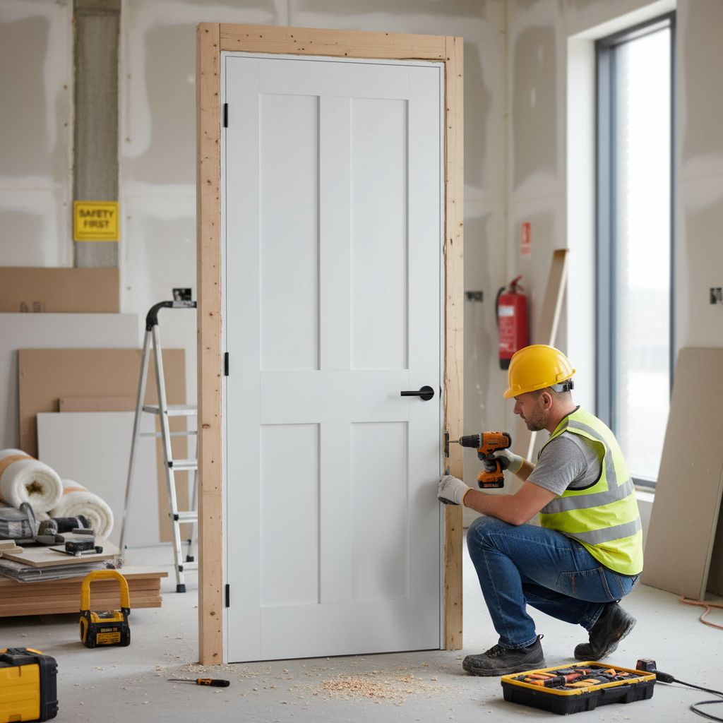 Premium 4 Panel White Primed Fire Door - Modern Design with 30-Minute Fire Rating and Solid Core Construction