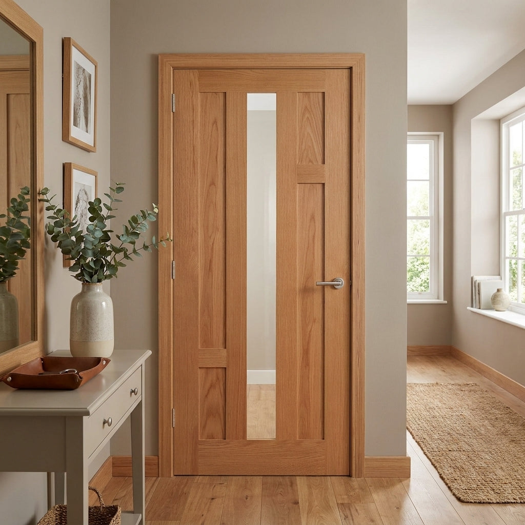 Internal Oak Door Fully Finished with 4 Panel Design and 1 Light Clear Glass