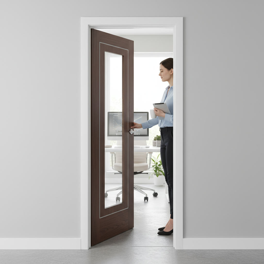 Premium Internal Walnut Door with Clear Glass and Aluminium Inlays for Modern Interiors