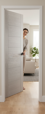 Premium Light Grey Internal Fire Door with Engineered Construction and Modern V Groove Design for Safety and Style