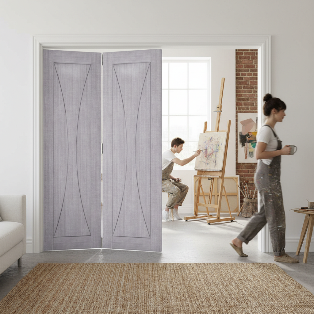 Premium Light Grey Room Divider with Bi-Folding Doors and Top Hung System for Flexible Space Management