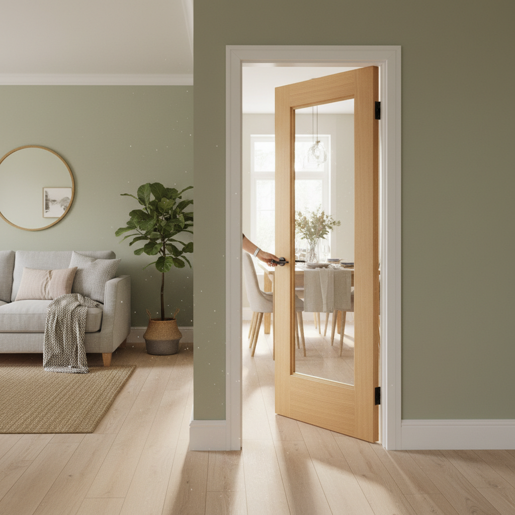 Premium Fully Finished Glazed Internal Door with Engineered Oak Veneers and Clear Tempered Glass