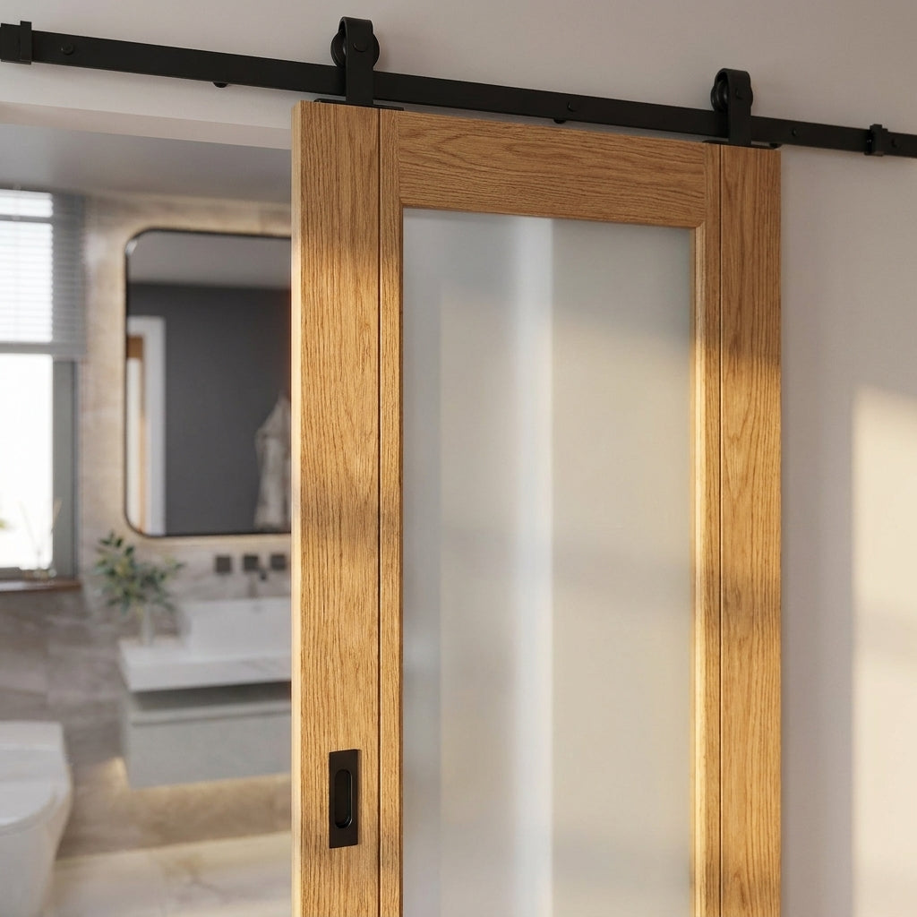 Internal Oak Sliding Door Unfinished Solid Core with 1 Light Obscure Glass - detail view