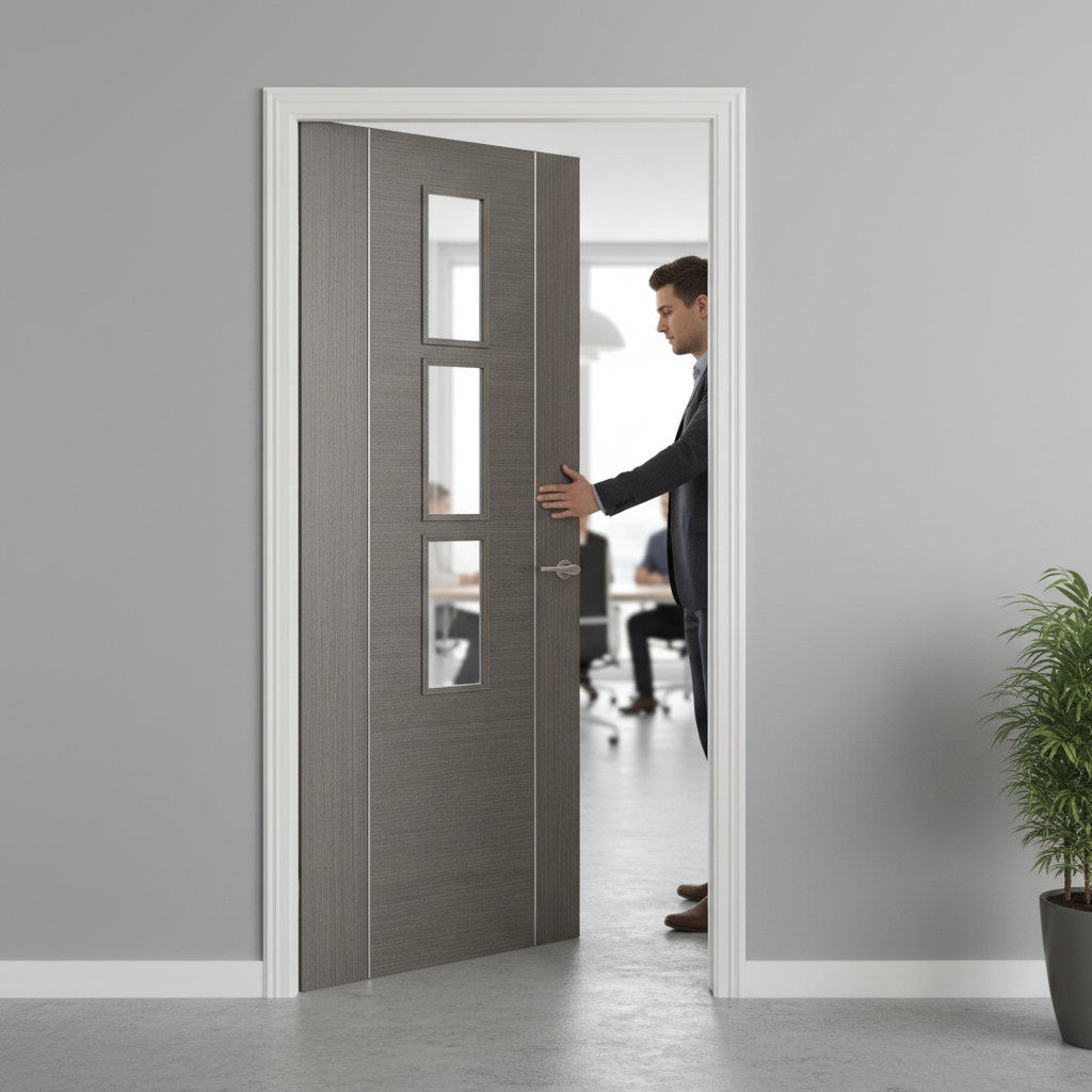 Premium Contemporary Clear Glazed Grey Internal Door with Silver Inlays and Engineered Construction for Strength and Style