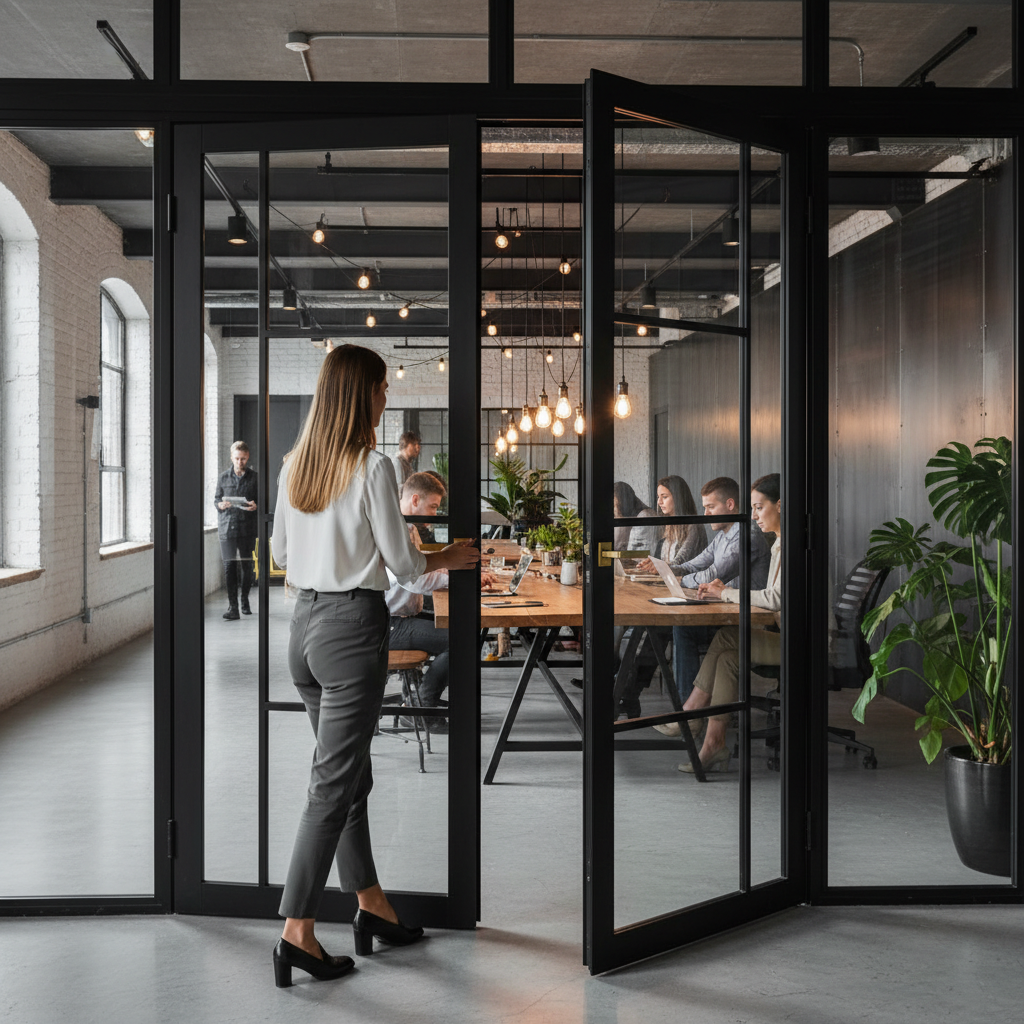 Premium Custom Made Industrial Style Tinted Glazed Door Pair with Solid Core Construction and Unique Geometric Design