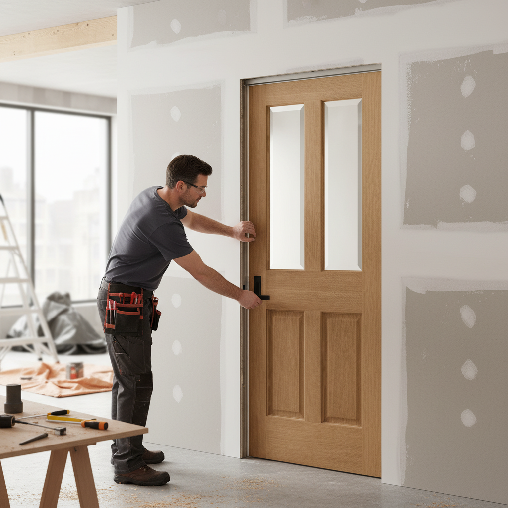 Premium Unfinished Oak Victorian 2 Panel Pocket Door Set with Bevelled Glass Panels for Space Efficiency and Natural Light Enhancement