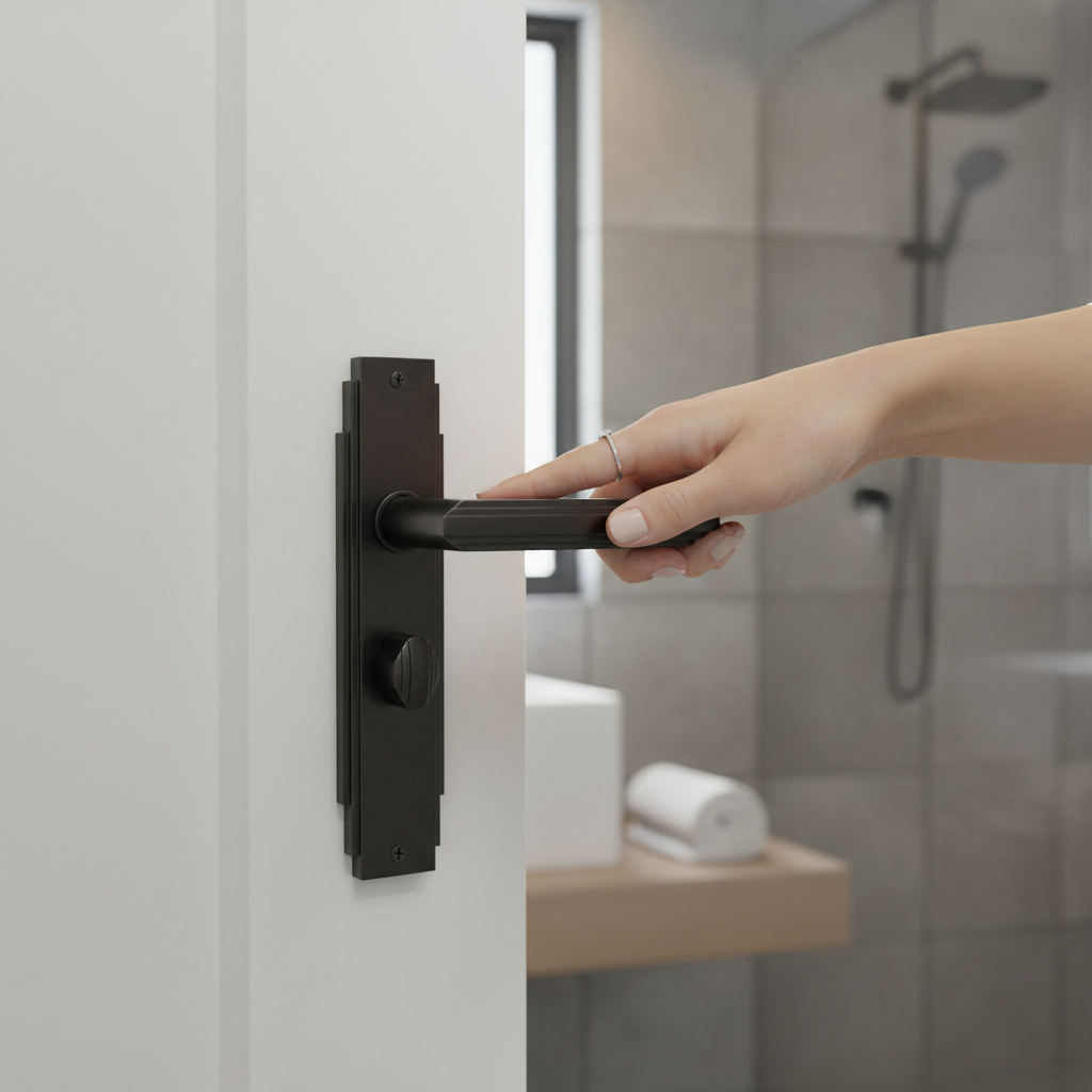 Premium Matt Black Bathroom Lock Handle with Straight Lever Design and 10 Year Guarantee