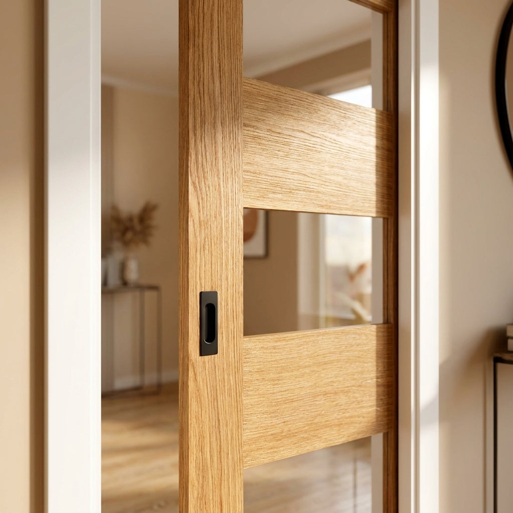 Oak Internal Pocket Door Set Fully Finished 7 Panel 3 Light Glazed 100mm - detail view