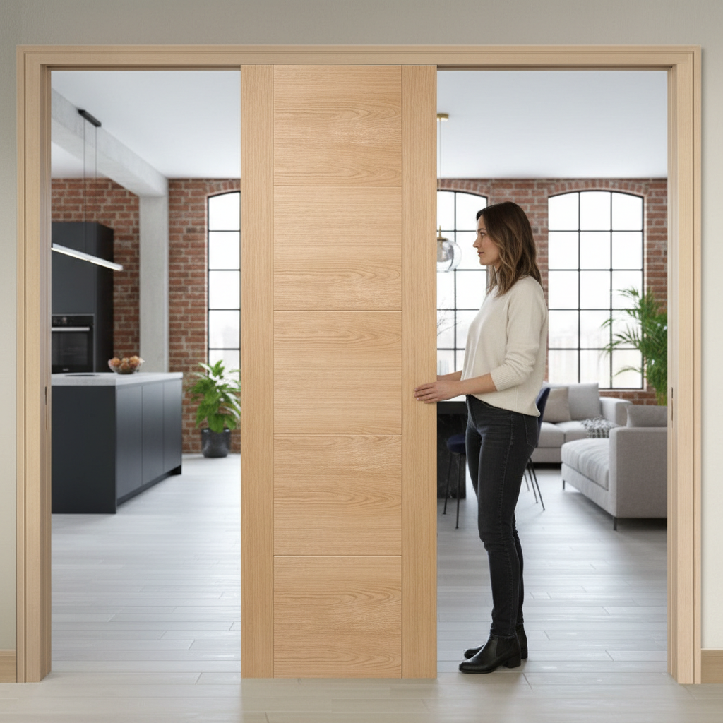 Premium Contemporary Telescopic 4 Door Pocket Door System with Oak Finish and Full Wooden Jamb Kit