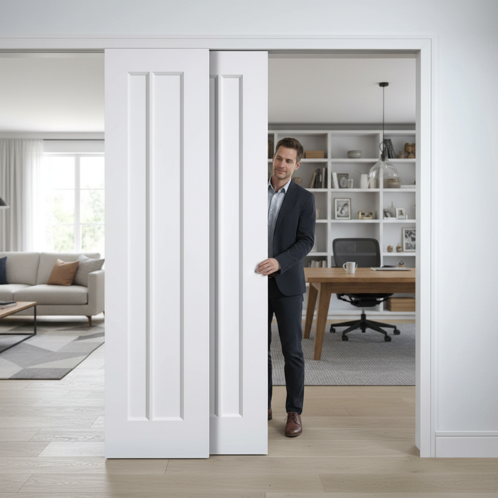 Premium 3 Panel Telescopic Pocket Door System with Solid Core, Adjustable Doorstop, and 15-Year Guarantee