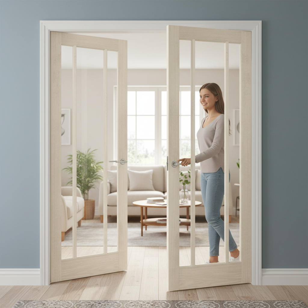 Premium Custom Stained Clear Glazed French Doors with A-Grade Oak Veneer and Toughened Glass Panes