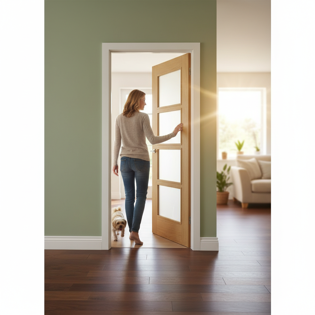 Premium Contemporary Oak Internal Door with Clear Glazing and V Grooves for Modern Interiors