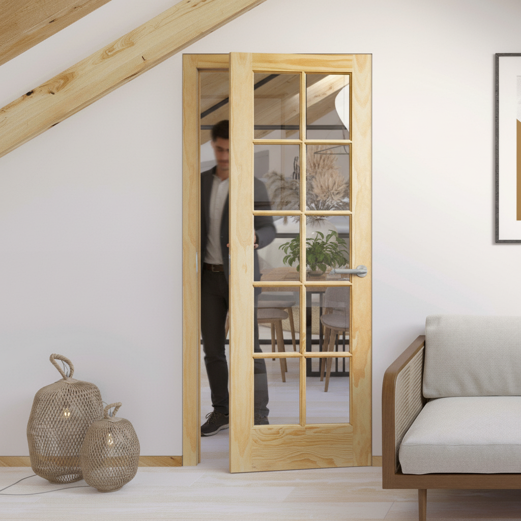 Premium Internal Unfinished Clear Pine Door with 15 Clear Glass Panes for Custom Finishing - Image 2