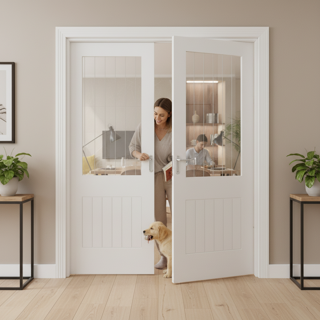 Premium Internal Cottage Door Pair with Etched Glass and White Primed Finish for Elegant Home Design - Image 2