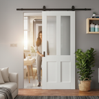 Premium White Internal Victorian 2 Panel 2 Light Obscure Glass Sliding Door with Black Top Mounted Kit