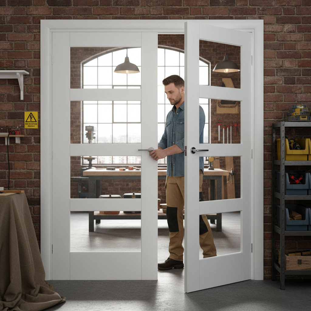 White Shaker 4 Light Offset French Doors with Demi Panel