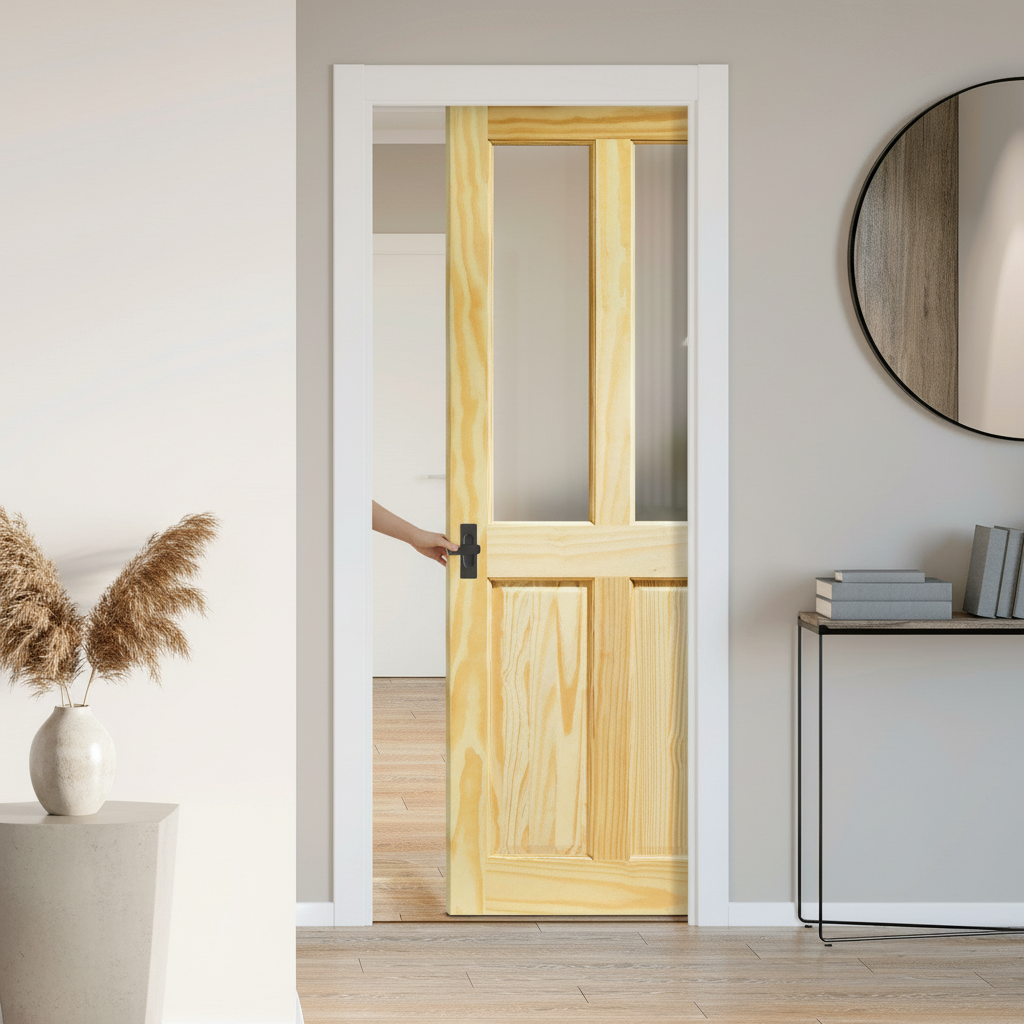 Premium Clear Pine Unfinished Internal Pocket Door Set with 2 Panel 2 Light Obscure Glass for Space-Saving Elegance