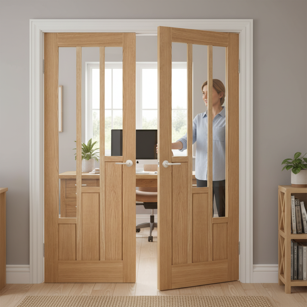 Premium Oak Glazed Internal French Door Pair with Clear Tempered Safety Glass and Engineered Construction for Strength and Stability