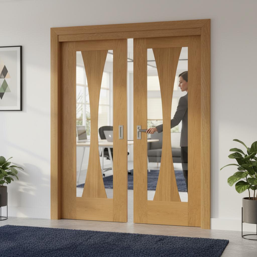 Premium Oak Sliding Door System with Fixed Panel - Space-Saving Design for Open-Plan Living and Customizable Styles
