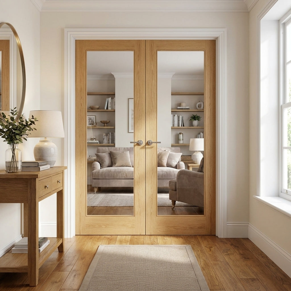 Internal Oak French Door Fully Finished with 1 Light Clear Glass Glazing