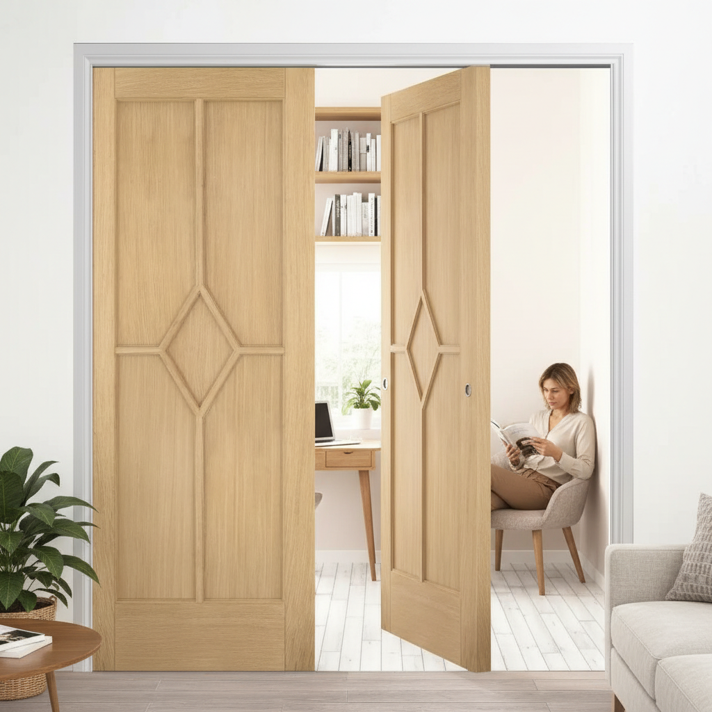 Professional Oak Telescopic Pocket Door System with Synchronization Kit and Decorative Beading for Wider Passageways