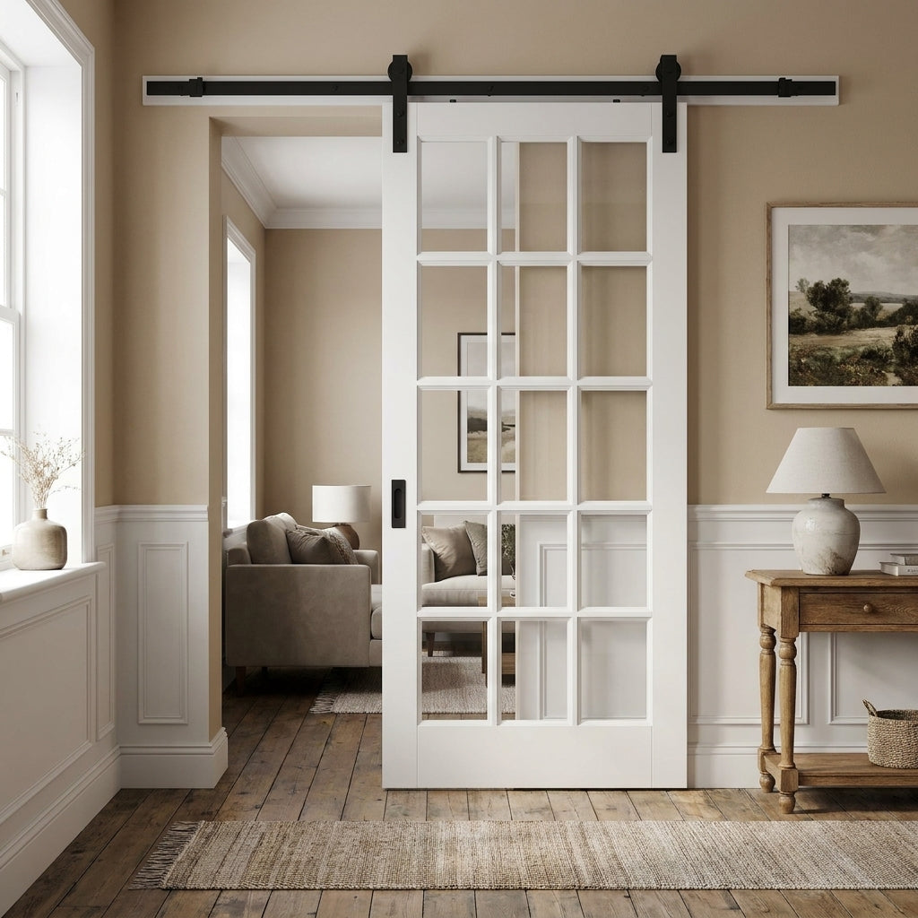 Internal Sliding Door with 15 Light Clear Glass, White Primed, Solid Core