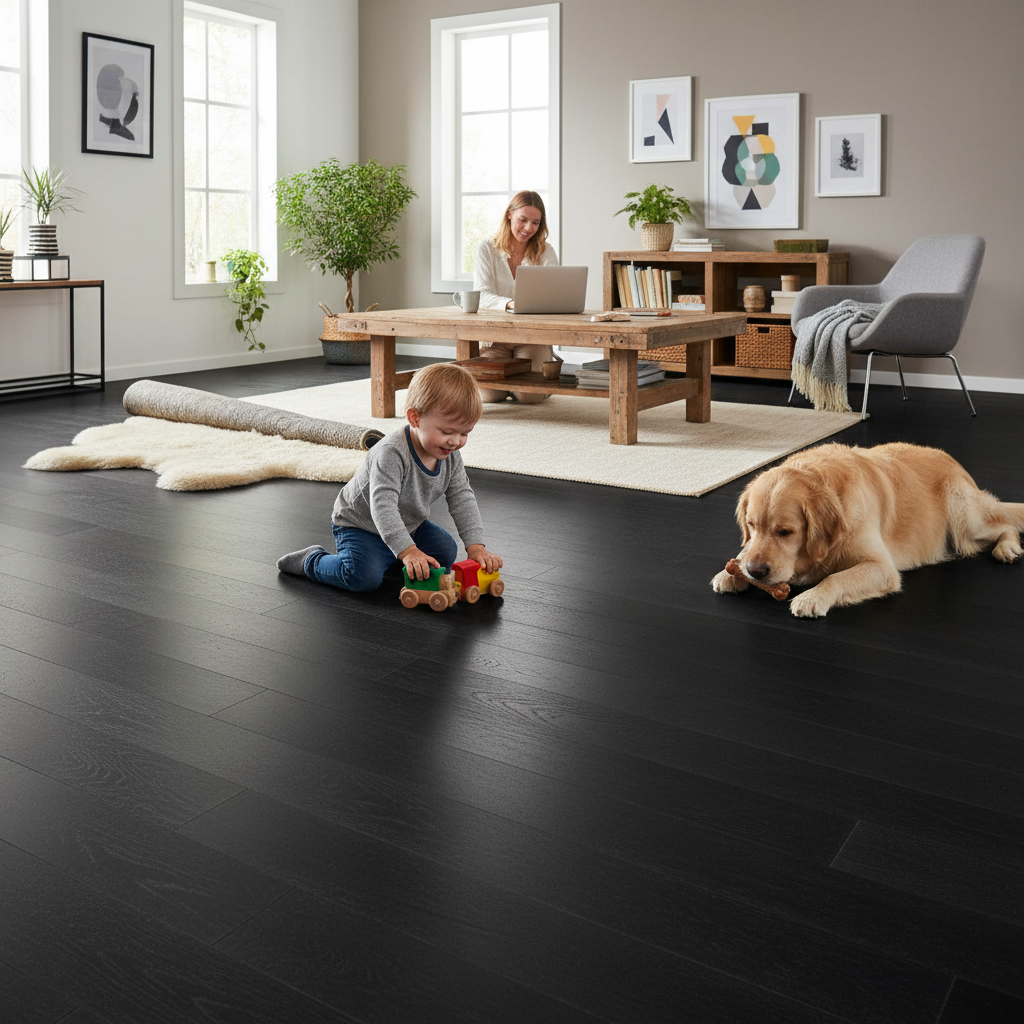 Premium 14mm Engineered Real Wood Flooring - Midnight Black with Matt Lacquer Finish and 4V Bevel Edges