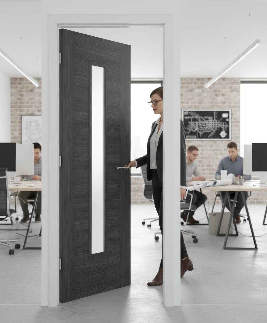 Premium Contemporary Laminate Fire Door with Clear Safety Glass and Dark Grey Walnut Effect Finish