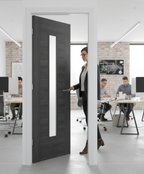 Premium Contemporary Laminate Fire Door with Clear Safety Glass and Dark Grey Walnut Effect Finish