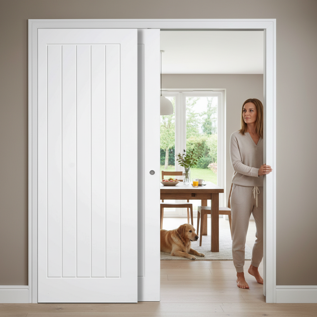Premium White Telescopic Pocket Door System with Dual Sliding Panels, Adjustable Stops, and Comprehensive Timber Lining Kit