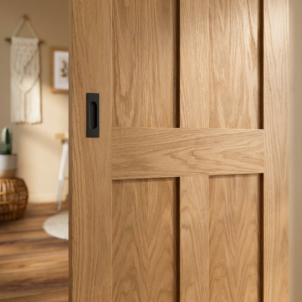 Internal Oak Sliding Door Unfinished Victorian 4 Panel Flat Black Top Mounted - detail view