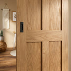 Internal Oak Sliding Door Unfinished Victorian 4 Panel Flat Black Top Mounted - detail view