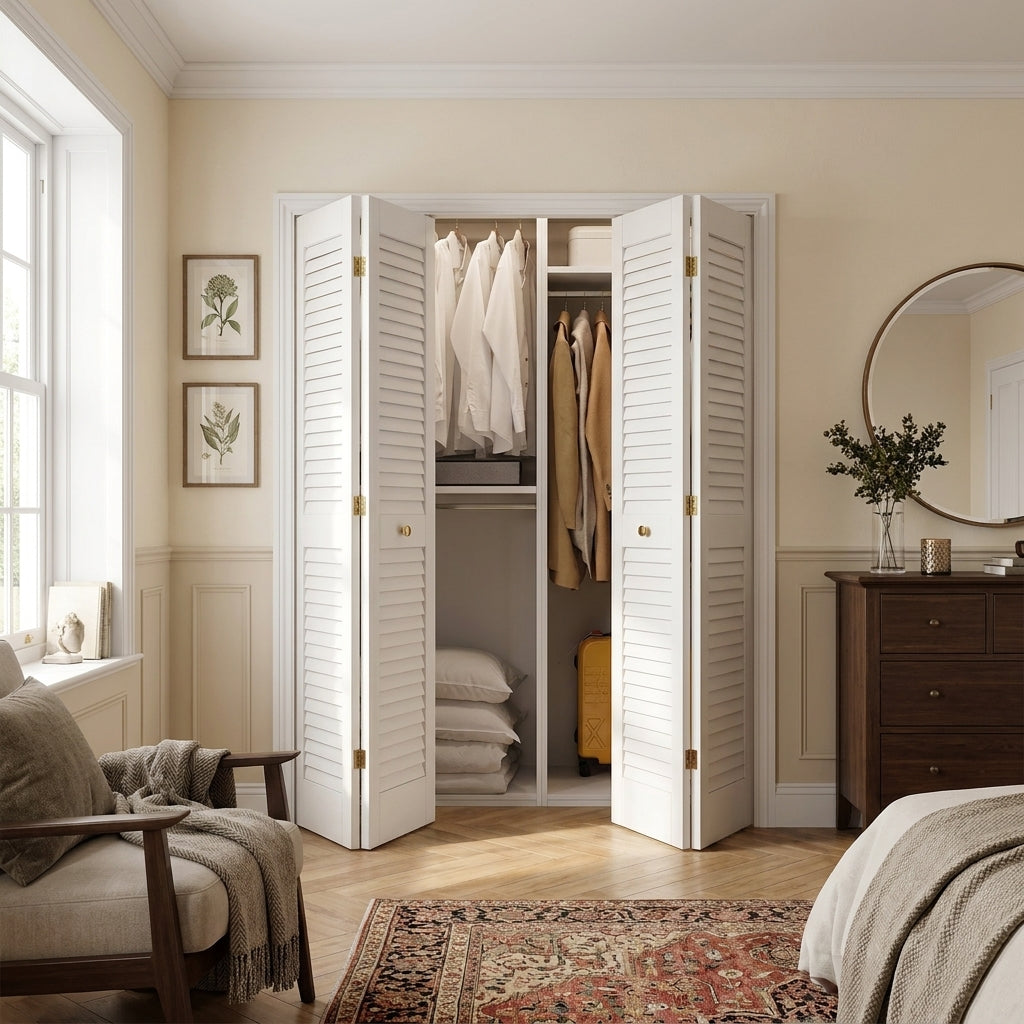 Internal Bi-fold Louvre Wardrobe Door Set, 28mm Thick, White Painted