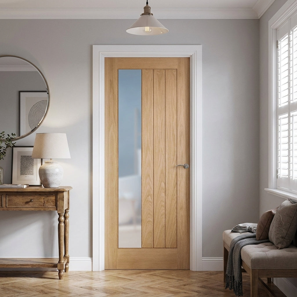 Oak Internal Door Fully Finished with Obscure Privacy Toughened Glass