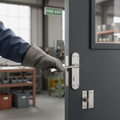 Premium Satin Chrome Lever on Backplate Fire Door Handle Set with Stainless Steel Latch and Fire-Rated Hinges