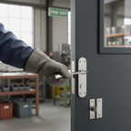 Premium Satin Chrome Lever on Backplate Fire Door Handle Set with Stainless Steel Latch and Fire-Rated Hinges