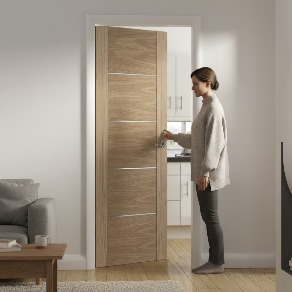 Premium Fully Finished Oak Internal Door with Real Aluminium Inlays and Engineered Construction for Modern Homes