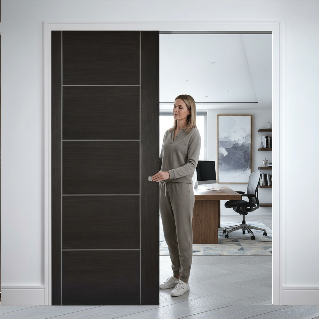 Premium Dark Grey Laminate Telescopic Pocket Door System with Five Panels, Maintenance-Free Track, and 15-Year Guarantee