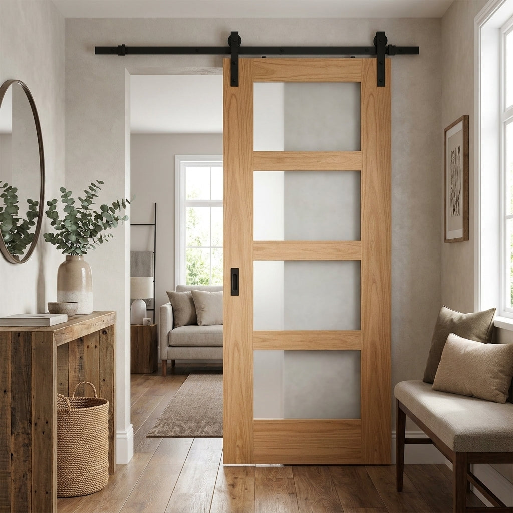 Oak Internal Sliding Door Unfinished 4 Light Clear Glass - Black Face Mounted