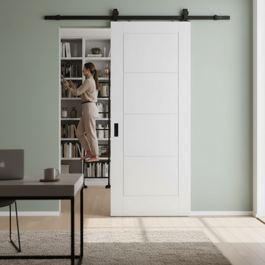 White Moulded Internal Lifestyle Ladder Sliding Door with Black Top Mounted Kit for Contemporary Interiors - Image 2