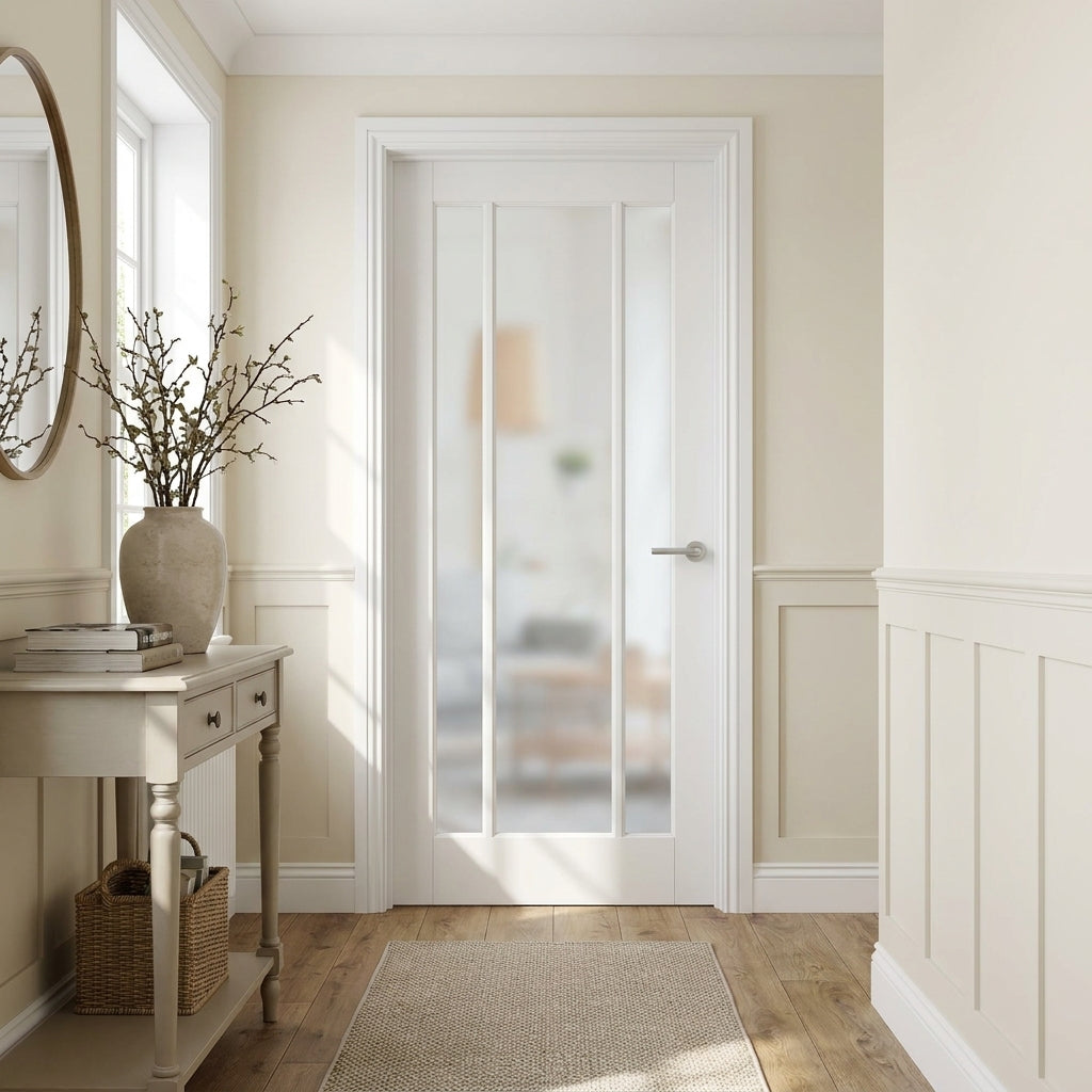 Internal White Door with 3 Light Obscure Glass, Primed Finish, Made to Measure