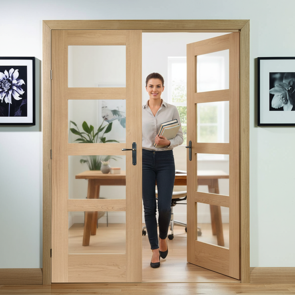 Premium Oak Shaker 4L Obscure Glazed Internal Door Pair with Paint N Peel System for Easy Finishing