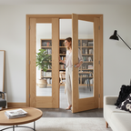 Premium Oak Pattern 10 Single Solid Door Room Divider with Clear Glass Side Panel and Universal Frame - Customizable Sizes