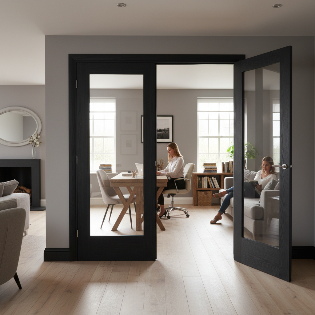 Premium Clear Glazed Black Oak Single Door Room Divider with Demi Panel - Customizable Sizes and Finishes