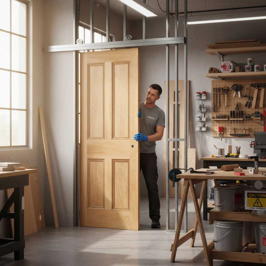 Premium Oak Flat Panel 4P Double Pocket Door Set with Steel Frame and Adjustable Components